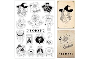 PH PandaHall Tarot Clear Stamp, Moon Witch Silicone Stamp Cards Word Rubber Stamps Transparent Stamps for Card Making Photo Album Decoration and DIY Scrapbooking 6.2x4.3inch