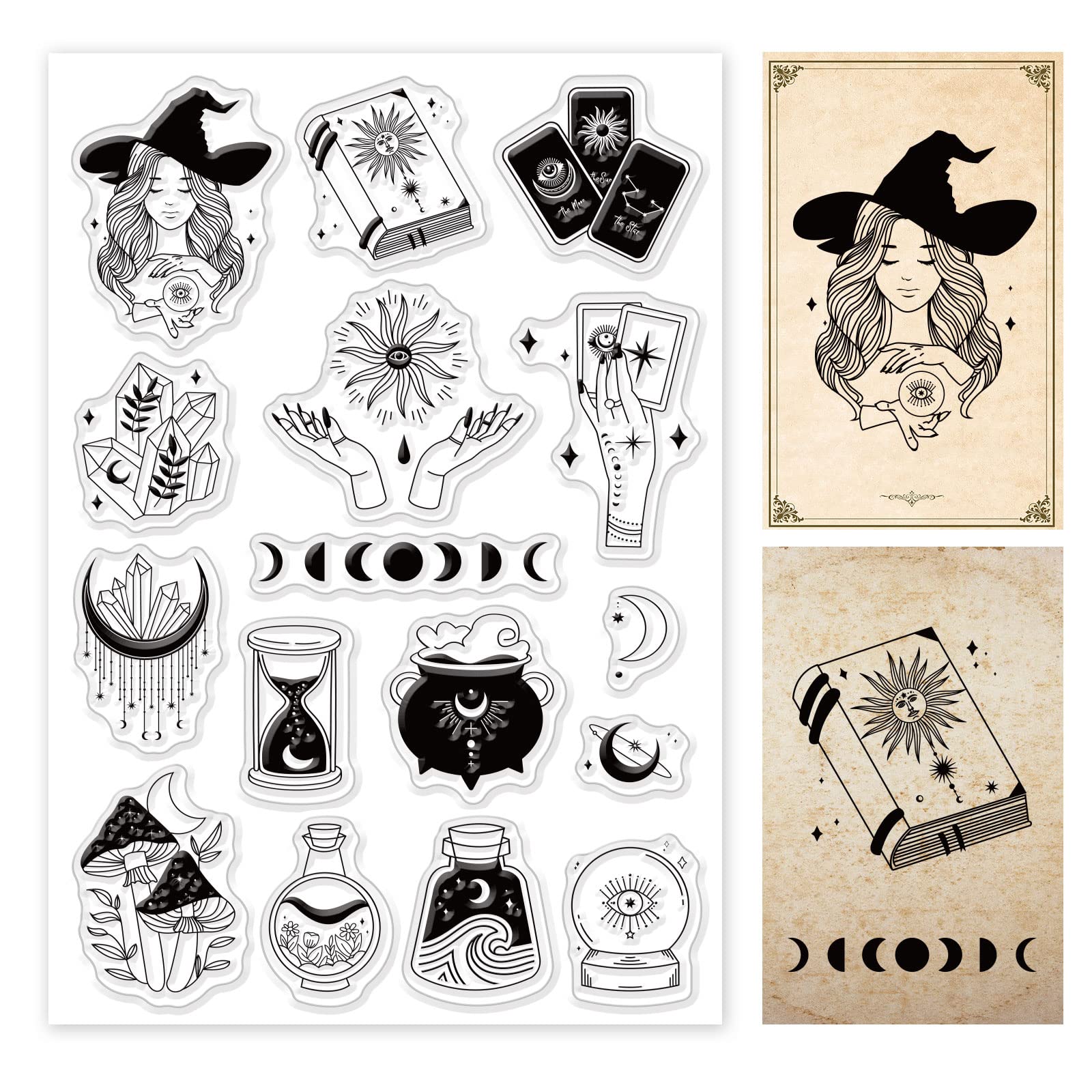 PH PandaHall Tarot Clear Stamp, Moon Witch Silicone Stamp Cards Word Rubber Stamps Transparent Stamps for Card Making Photo Album Decoration and DIY Scrapbooking 6.2x4.3inch