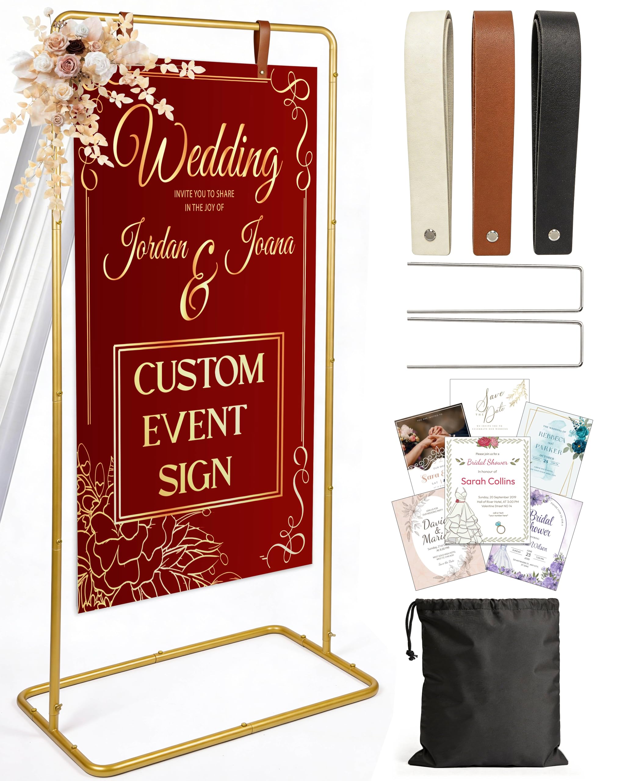 Photo 1 of OLEEK Adjustable wedding welcome sign stand - Customizable design bundle for linen sign stand - wedding sign holder - welcome wedding sign - wedding signage with 6 Leather Hanging straps