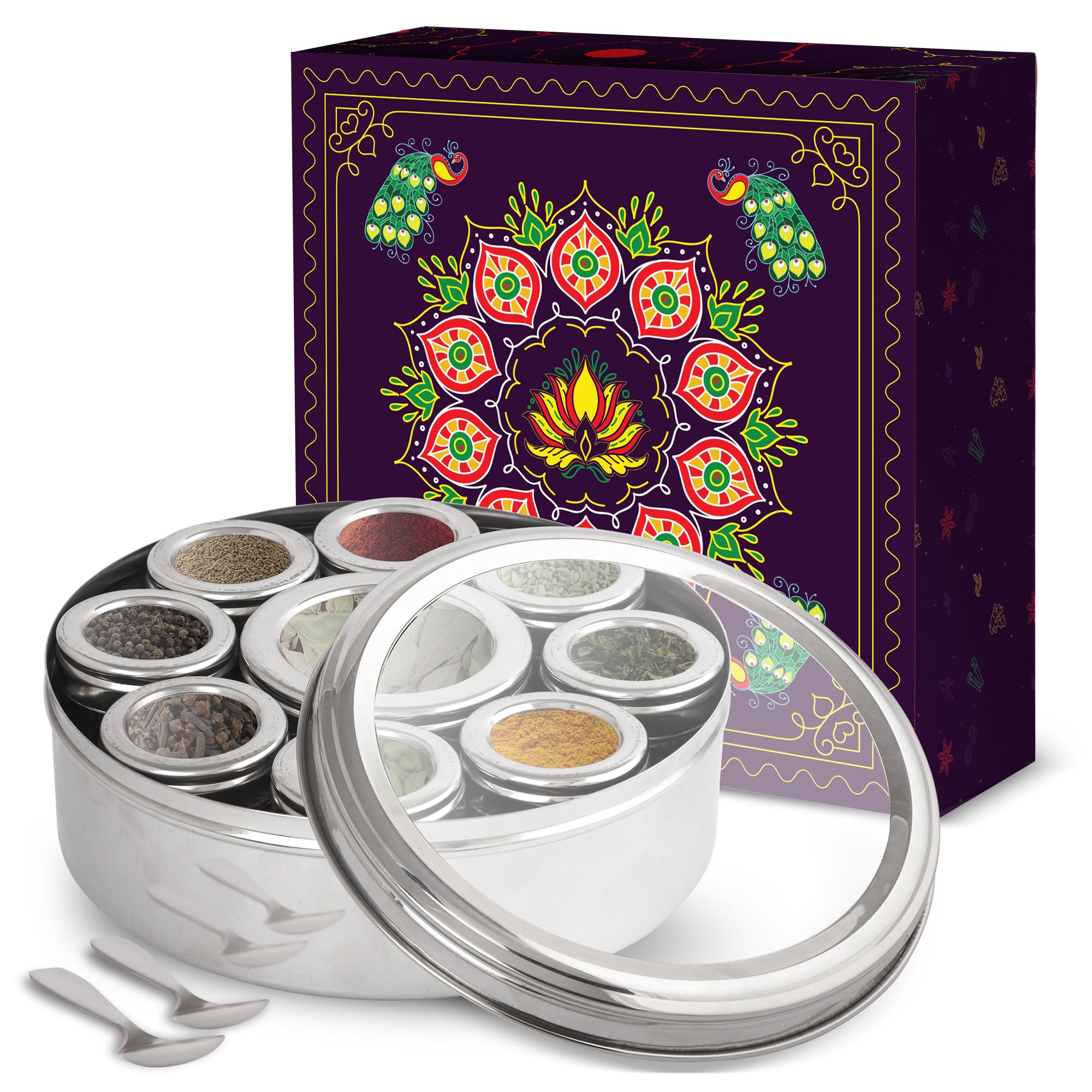 KSJONE Large Spice Container Masala Dabba With 9 Compartments, Masala Box, Spice Container Box,Stainless Steel Spice Box Indian Masala Dabba with Transparent Lid, 22cm