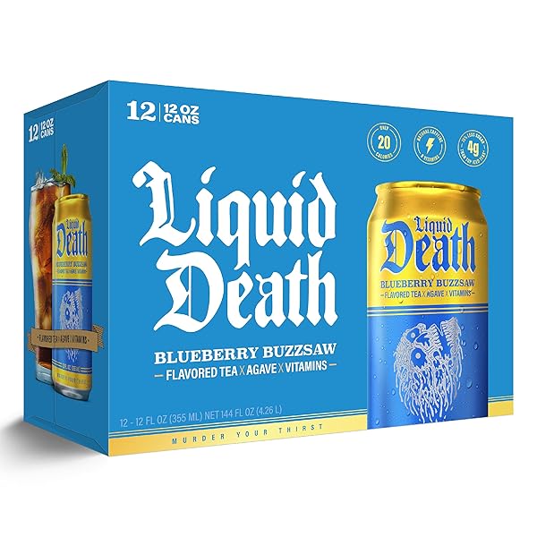 LIQUID DEATH ICED TEA – BLUEBERRY BUZZSAW (BLUEBERRY-FLAVORED BLACK TEA), LESS SUGAR*, BOOST OF CAFFEINE, B VITAMINS, NO ARTIFICIAL SWEETENERS, 12 FL OZ (PACK OF 12)