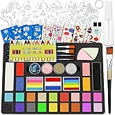 Flasoo Face Painting Kit, 27 Colors Non-Toxic Paint with Brushes, 16 Crayons, 6 Reusable & 40 Sticky Stencils, Face Gems, Tattoos for Cosplay Parties & Halloween Makeup
