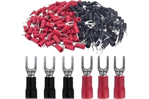 DQLIOWUO 200Pcs 22-16 AWG#4 Red Copper #8 Insulated Fork Spade Wire Connector,U-Type Electrical Crimp Terminals (100 PCS Red+100 PCS Black)