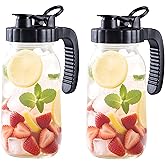 64 Oz Glass Mason Jar Pitcher With Lid 2 Quart Wide Mouth Cold Hot Water Pitcher Half Gallon Sun Tea Coffee Jug For Fridge Lemonade, Milk,Juice, Cold Brew Coffee Iced Tea Container Leakproof 2 Set