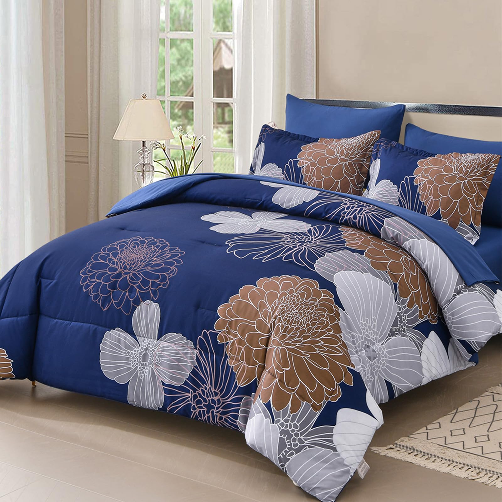 Yiran Navy Brown Comforter Set Queen Bed in a Bag 7 Pieces Floral Soft Microfiber Comforter Bedding Sets Bed Set with Comforter, Sheets, Pillowcases & Shams 90"×90" Image
