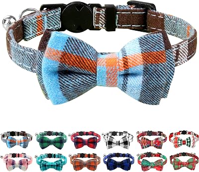 Joytale Cat Collar with Bell and Bow Tie Haze Blue Plaid Adjustable 18-28 cm