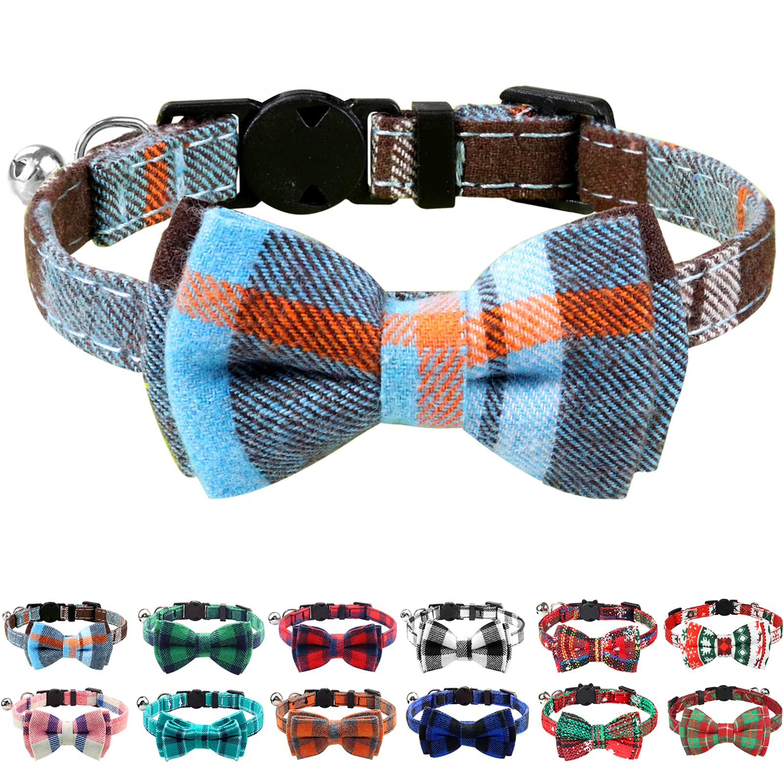 Joytale Cat Collar with Bell and Bow Tie, Soft Tartan, Quick Release Safety Collars for Kitten and Cats, 1 Pack, Haze Blue