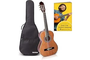 Classical Guitar with Soft Nylon Strings by Hola! Music, Half 1/2 Size 34 Inch for Junior Kids Model HG-34GLS, Natural Gloss Finish - FREE Padded Gig Bag Included