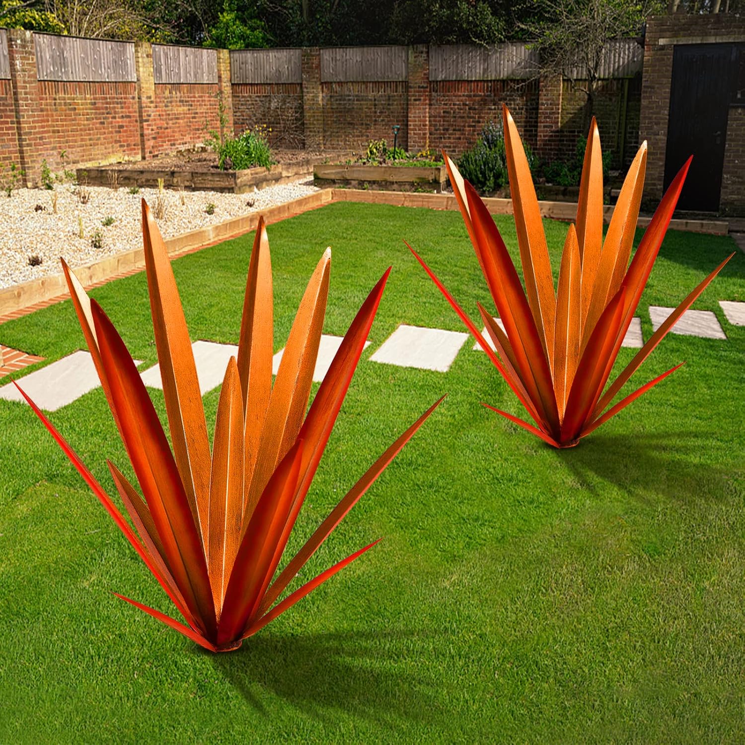 Plaques & Wall Art - TOMBABY Large Leaf Thickened Metal Agave Plant Outdoor Decoration Desert Courtyard Art Plant Garden Decoration Outdoor Metal Art Floral Gift (2, RED)