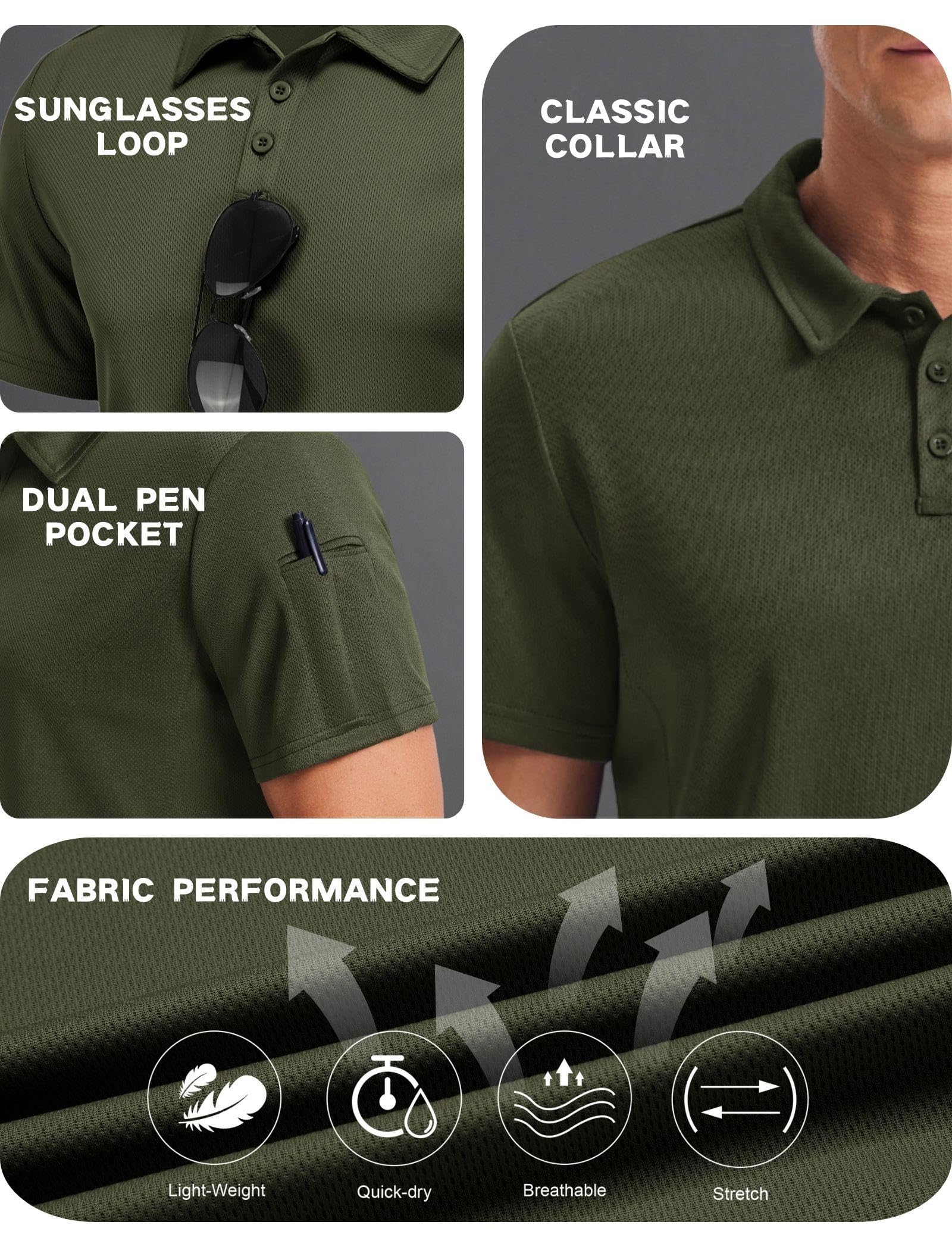 PINSPARK Men's Polo Shirts 3 Button Quick Dry Performance Collared Casual Shirt Short Sleeve Golf Polos for Men Army Green