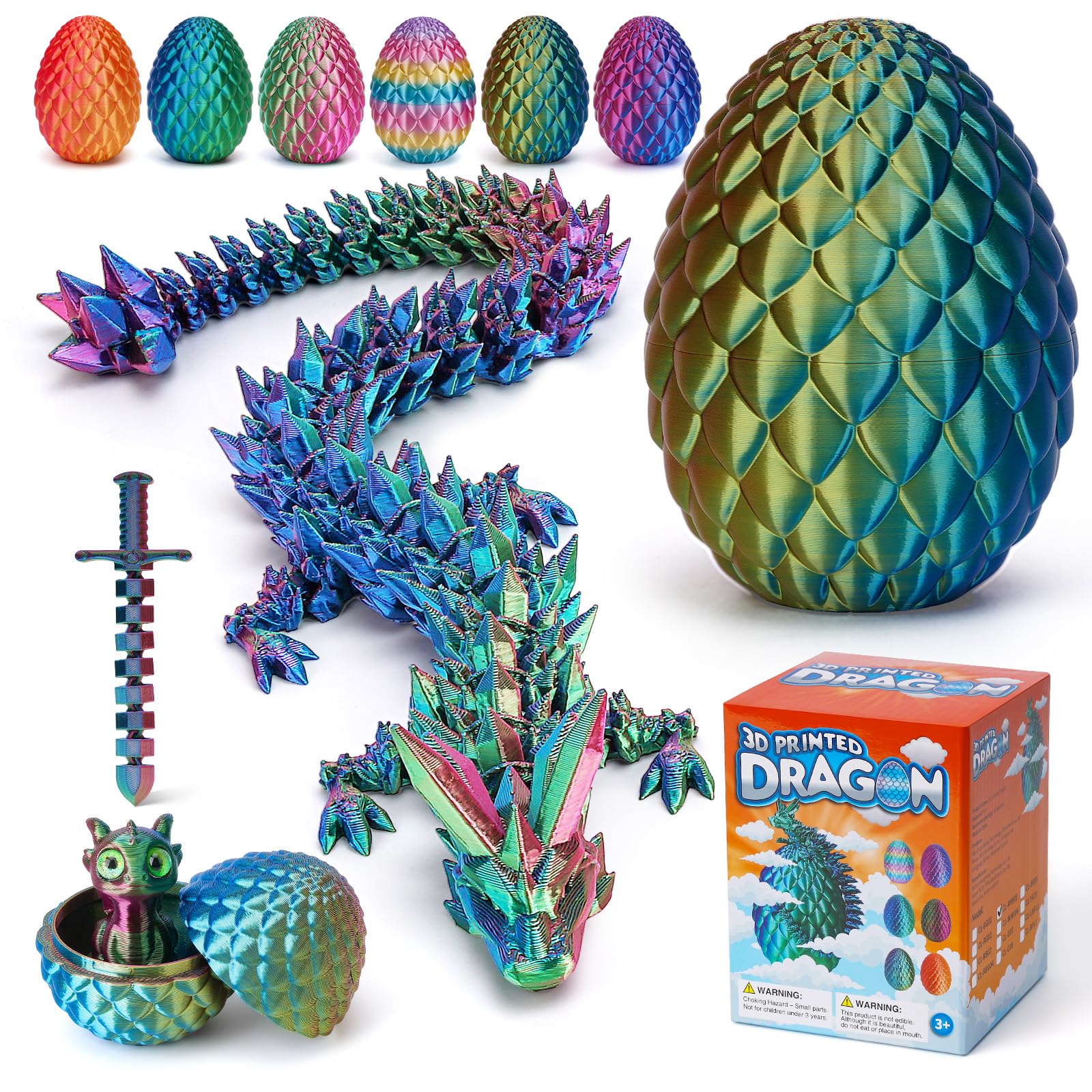NIUCOO 12" 3D Printed Dragon Egg, Surprise Fidget Eggs with Articulated Printer Crystal Dragon, Mystery Cute Animals Dragons Kids Toy, Prefilled Easter Eggs Basket Stuffers Toys for Boys Girls