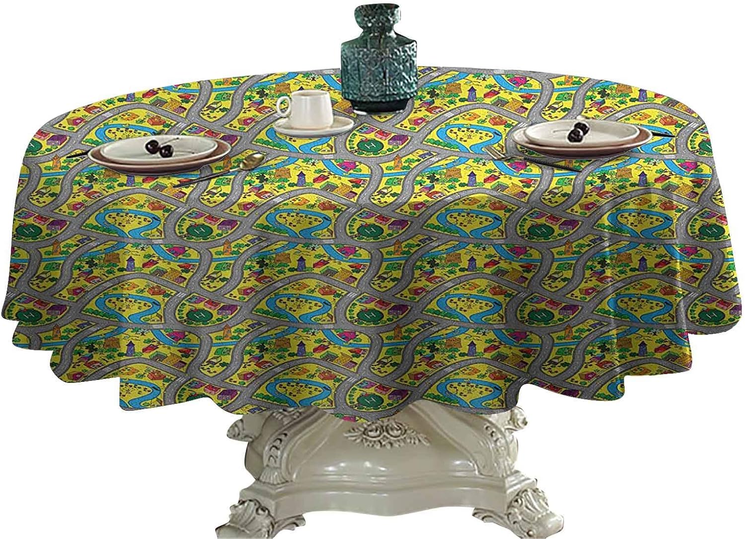 Kids Car Race Track Roadway Activity Food Round Tablecloth Abstract Illustration with River Intersecting Roads Outdoor Picnics 45 inch