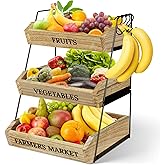 Esbainia Fruit Basket for Kitchen Countertop, 3 Tier Fruit Bowl with 3 Banana Hangers, Large Capacity Fruit Stand Storage Holder, Wooden Basket for Fruit Vegetables Snack, Kitchen Organizer