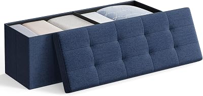 SONGMICS MAZIE Storage Ottoman Bench 110 cm Folding Foot Rest Dark Blue