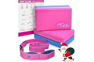 TTOLBI Yoga Blocks 2 Pack with Strap & Guide – Non-Slip EVA Foam Pilates Blocks for Home Workouts, Dance, Ballet, Gymnastics & Stretching Exercise