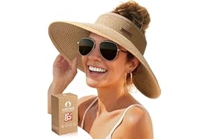 FURTALK Sun Visor Hats for Women Wide Brim Straw Roll Up Ponytail Summer Beach Hat UV UPF 50 Packable Foldable Travel