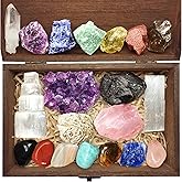 Aovila Premium Crystals and Healing Stones Set - 23 Piece Kit with Amethyst, Rose Quartz, Selenite, Tourmaline, Desert Rose &
