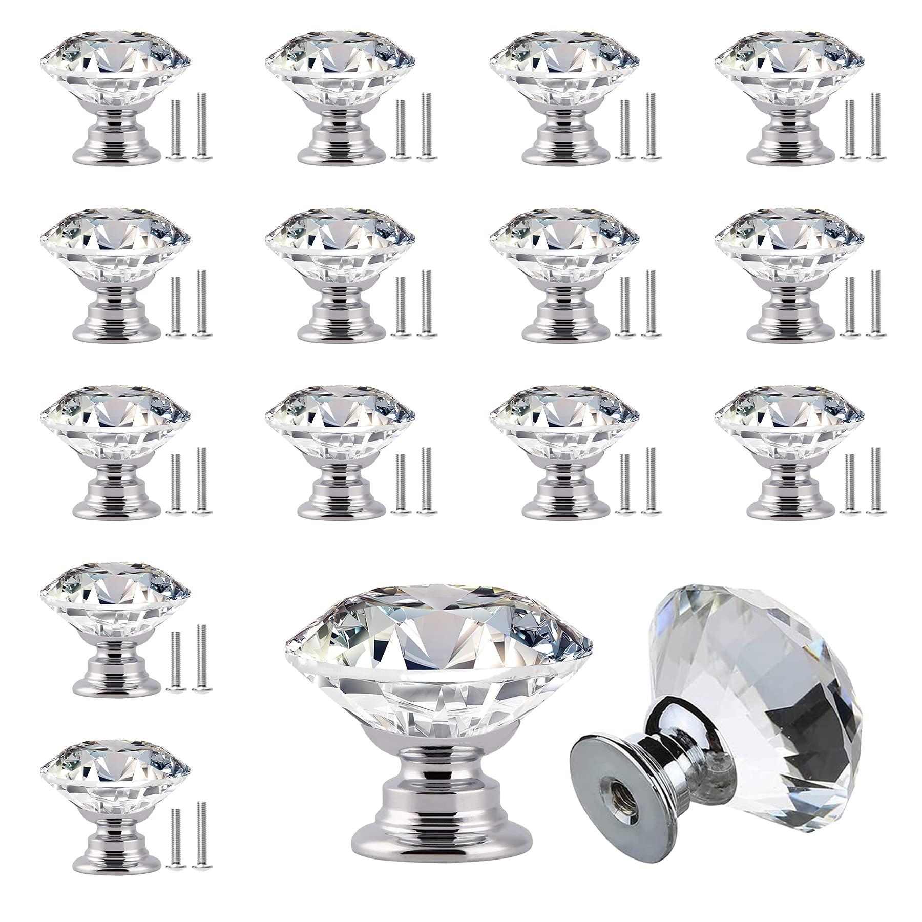 YEYIT 16 Pack Crystal Cabinet Knobs 25mm Glass Diamond Door Handles,Clear Diamond Cupboard Drawer Pull Handle with 2 Sizes of Screws,for Furniture Cabinet Drawer Dressing Table Decoration