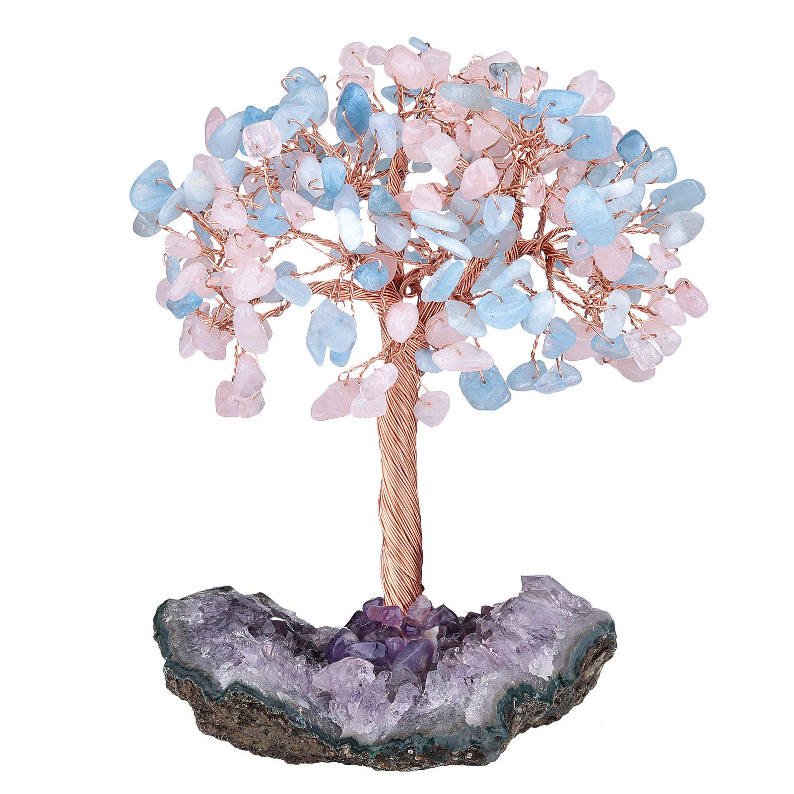 KYEYGWO Healing Aquamarine/Amethyst Stone Money Tree for Good Luck Wealth, Handmade Figurine Bonsai on Natural Amethyst Cluster Base 4.5"-6" High