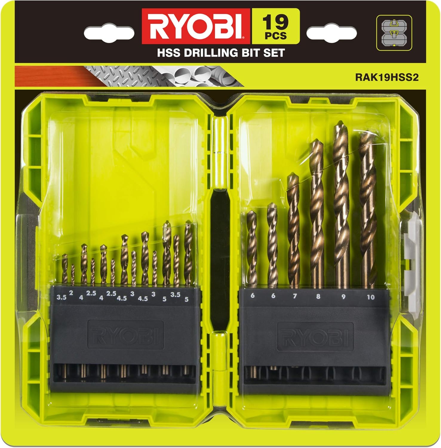 Ryobi 5132004390 RAK19HSS2 19pcs HSS Drill Bit Set, 19 Piece