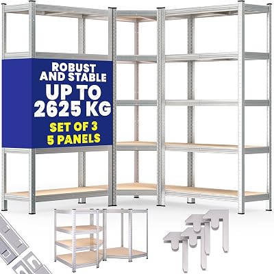 Monzana 5 Tier Heavy Duty Corner Metal Shelving Galvanised 3pc Set