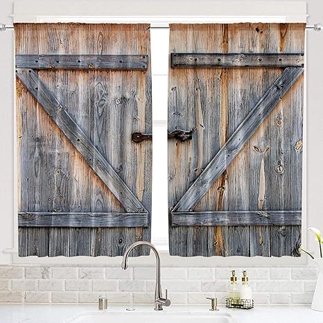 Amazon Com Riyidecor Wooden Barn Doors Kitchen Curtains Rustic Country Rod Pocket Retro Woods Shabby Chic Farmhouse Printed Living Room Bedroom Window Drapes Treatment Fabric 2 Panels 55 X 39 Inch Kitchen Dining