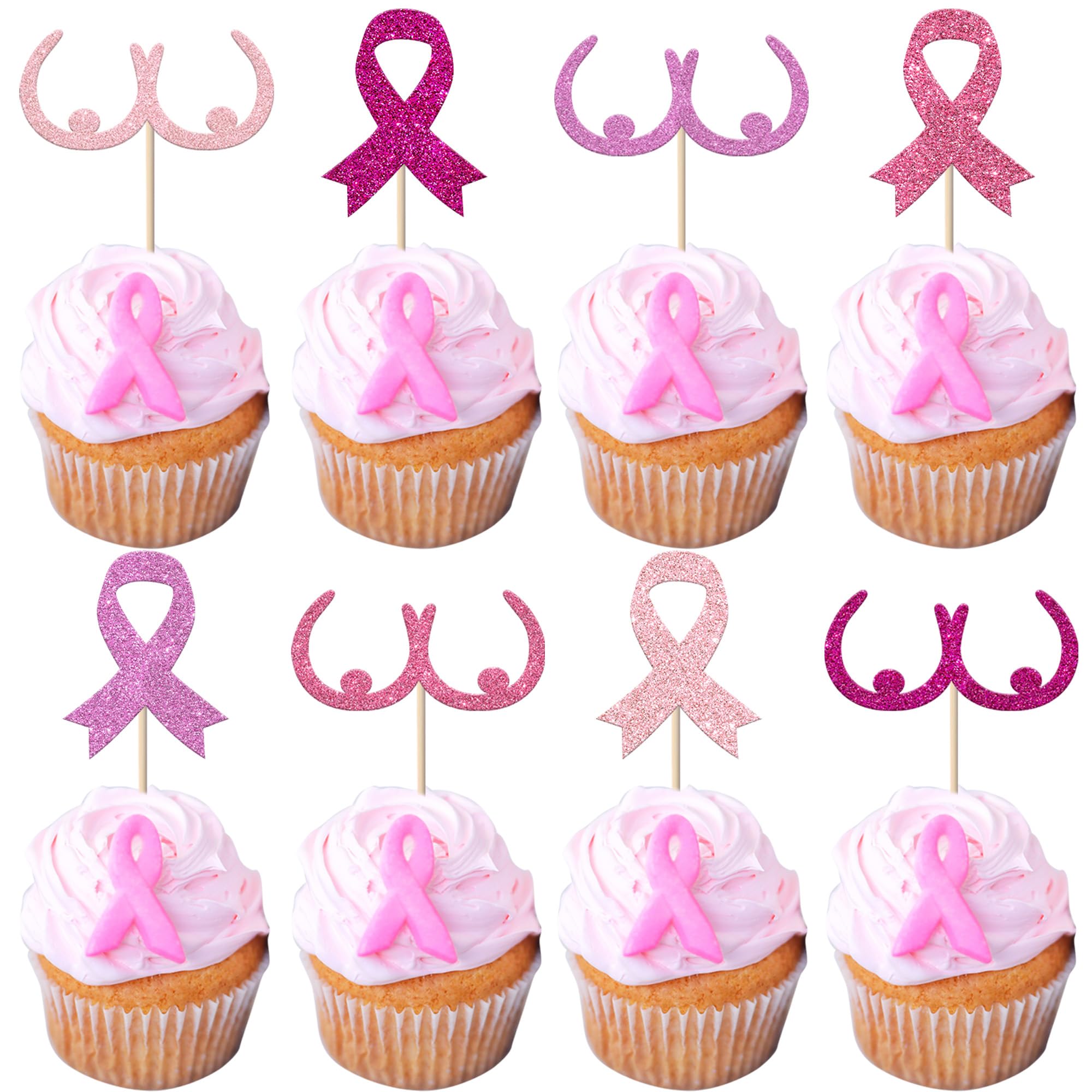 SYKYCTCY 24 Pack Breast Cancer Awareness Cupcake Toppers Glitter Ribbon Fight Beliveve Hope Cupcake Picks Believe Hope Pink Ribbon Cupcake Decorations Party Supplies Multi