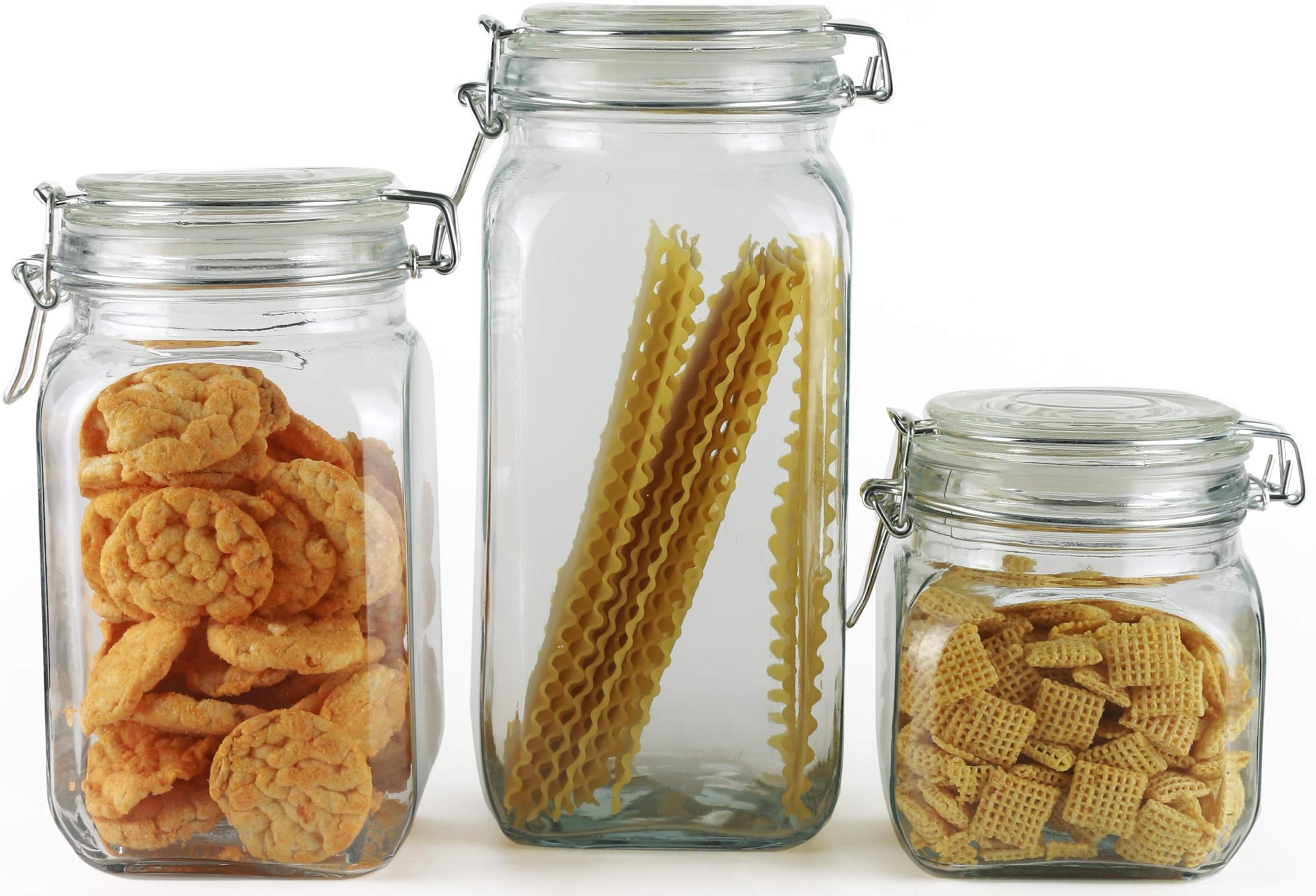 Circleware Storage Staples Glass Canisters with Swing Top Hermetic Airtight Locking Lids, Set of 3 Kitchen Food Preserving Containers for Coffee, Sugar, Tea, Cereal, 54 oz, 40.5 oz, 22 oz, Clear