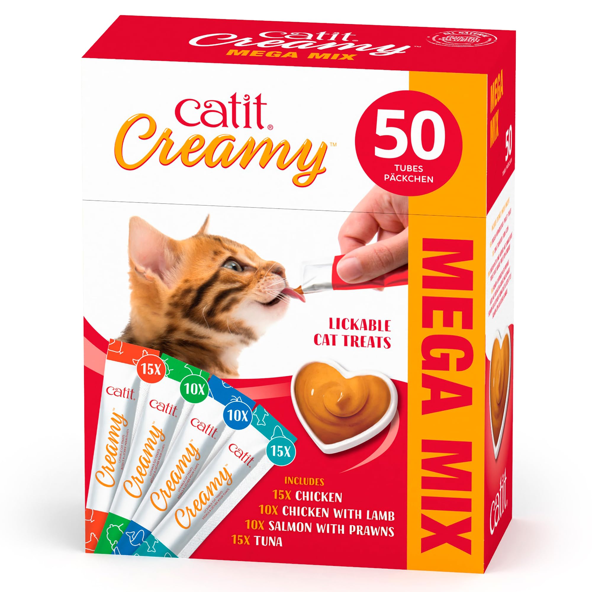 Catit Creamy Variety Pack Lickable Cat Treats for Cats and Kittens, Cat Treat Licky Snack, Grain-Free Lick Treat, 50 x 10g Multipack