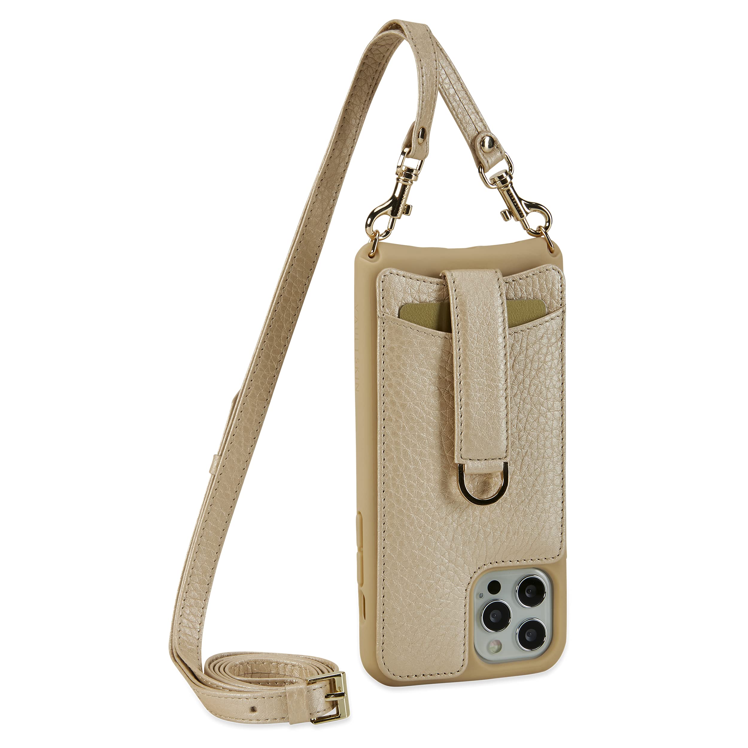 Vaultskin VICTORIA Crossbody Wallet Case, Lanyard with Card Holder (Champagne - Leather Strap, for iPhone 13 Pro)