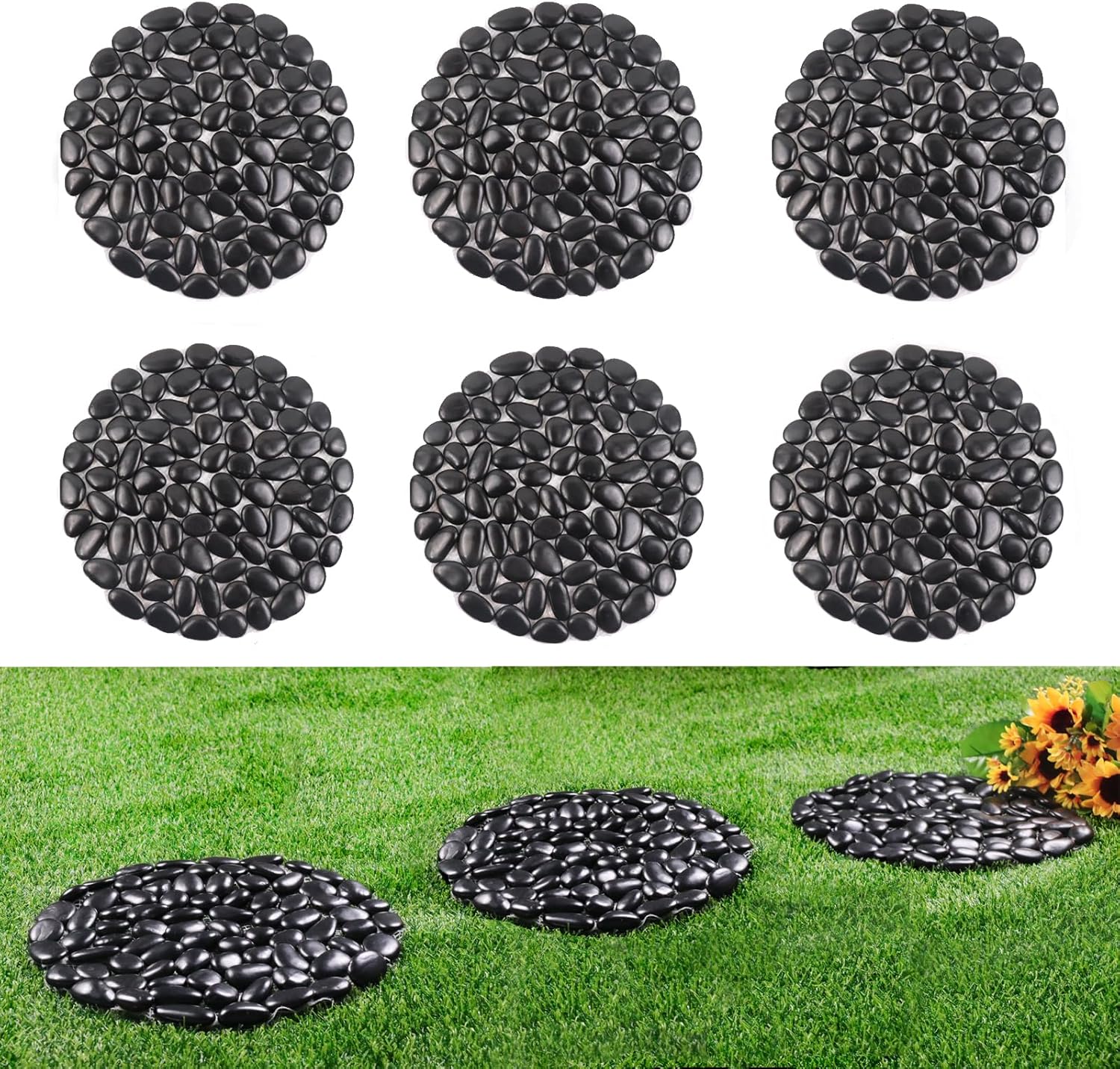 Hardscaping Materials - Lechloris 12 inch River Rock Stepping Stone - Diamater Pavers for Outdoor Garden Walkway, Landscaping - Polished Pebble Step Stones for Patio Yard Lawn Pathway, Set of 6 (Roundness,Black)
