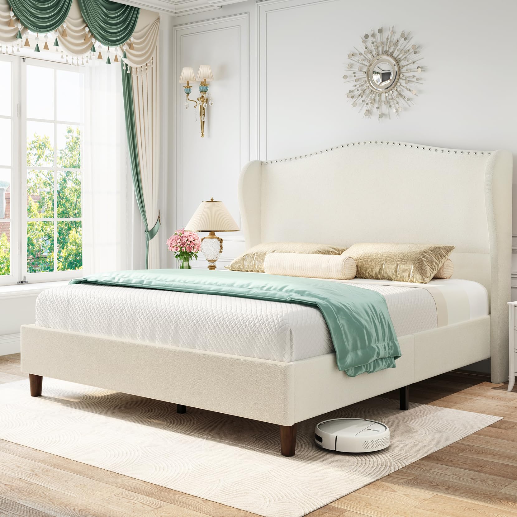 View 1 of *MISSING PARTS*
Yaak King Size Chenille Bed Frame with 52" Tall Headboard, Upholstered Platform Bed with Nailhead Trim Headboard Wingback, No Box Spring Needed, Wood Slats Support, Easy Assembly, Beige