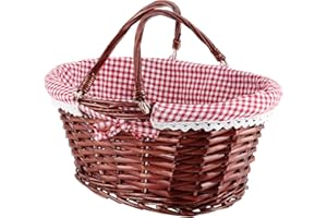 MAHIONG 14 x 11 x 6.6 Inch Brown Wicker Basket, Hand Woven Gift Easter Empty with Double Folding Handles and Washable Gingham Liner, Willow Woven Wicker Picnic Basket for Egg Candy Fruit Storage
