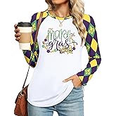 Mardi Gras Shirts for Women New Orleans Graphic Shirt Funny Saying Blouse Carnival Party Long Sleeve Raglan Tops