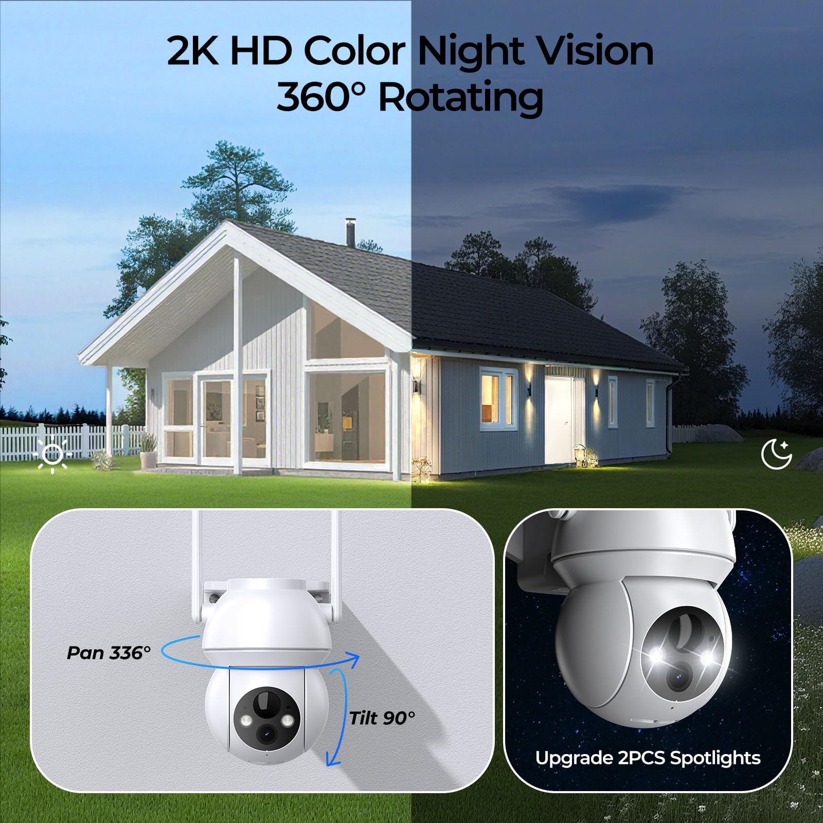 Solar Security Camera Wireless Outdoor, 2K HD Color Night Vision Home Security Camera System with 360° View Battery Powered Spotlight & Siren WiFi Camera Outdoor Motion Sensor and 2-Way Audio 4 Pack