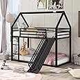 Harper & Bright Designs House Bunk Bed with Slide,Twin Over Twin Bunk Bed,Metal Bunk Bed with Roof & Ladder,Floor Bunk Bed with Metal Frame for Kids Teens,Black