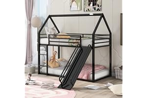 Merax Modern Twin Over Twin Heavy Steel Low Bunk Bed with Ladder and Slide, House Shaped Bunk Bed Frame with Full Lenght Guardrail, No Box Spring Needed, Space-Saving, Black