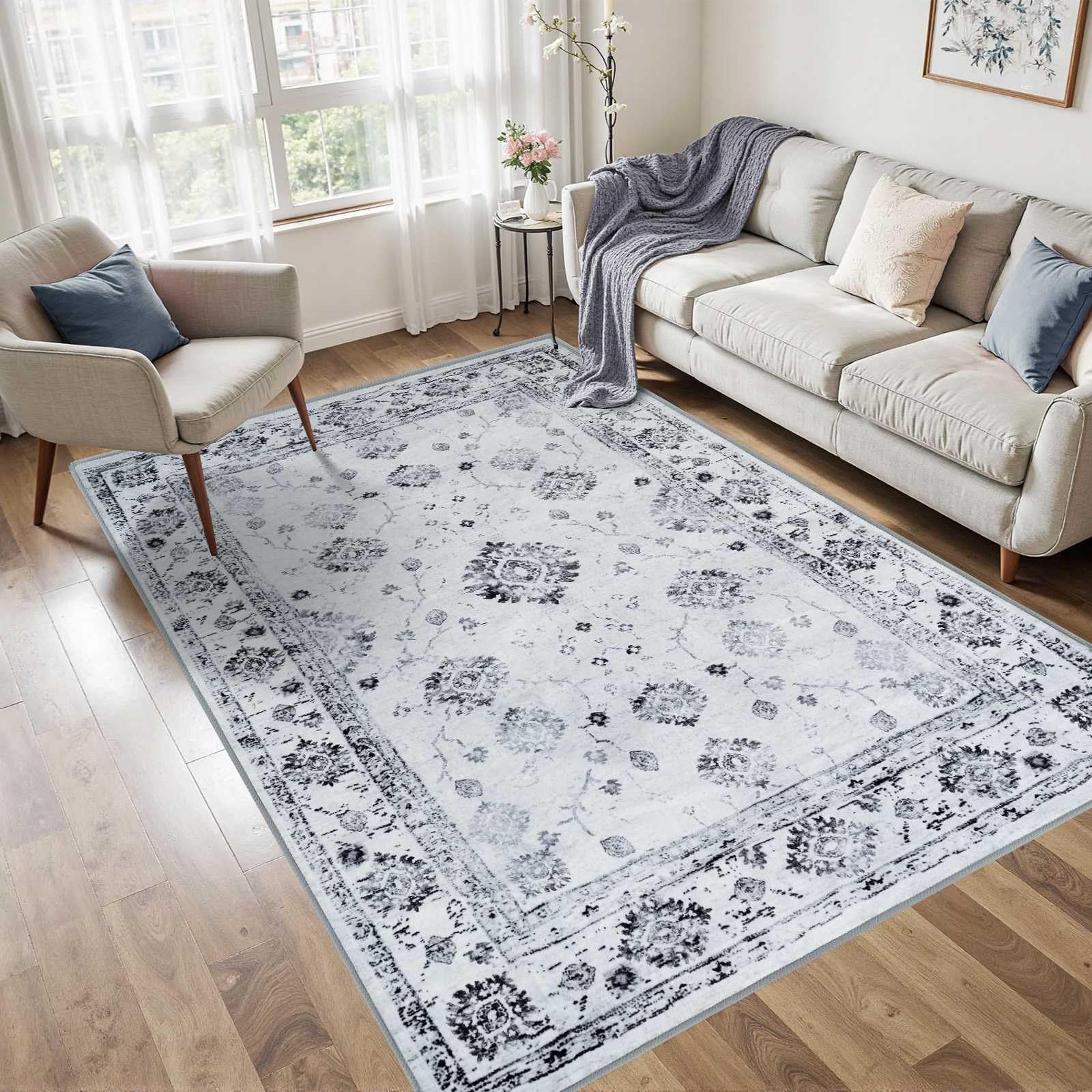 Photo 1 of FinRe?c 4x6 Rugs for Living Room, Washable Vintage Floral Bedroom Rug, Non-Slip Low Pile Area Rug, Ultra-Thin Foldable Accent Indoor Carpet for Kitchen Dining Room Kids Room Home Office - Grey