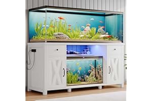 4EVER2BUY 75 Gallon Fish Tank Stand with LED Light & Power Outlets, 55-75 Gallon Aquarium Stand with 2 Drawers & 2 Barn Doors, 52" L x 20" W Cabinet for 2 Fish Tank Accessories Storage, Turtle Tank, White