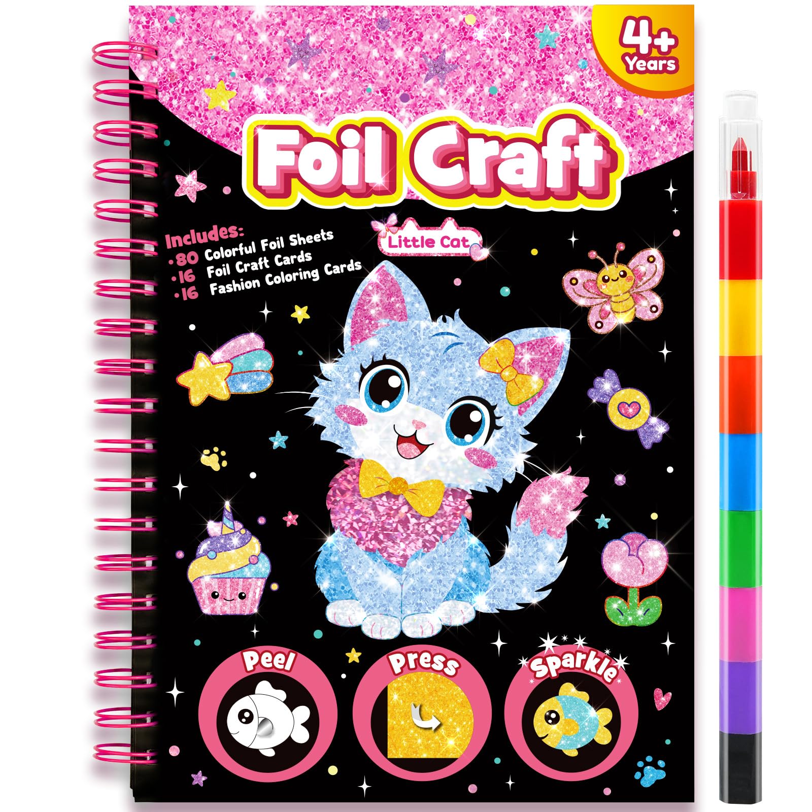 LIKYMO Foil Art - Foil Craft, Art and Craft for Kids, No Mess Colouring Book, DIY Creative Activity, Travel Toys, Gifts for 4-9 Year Old Girls Boys (Cat)