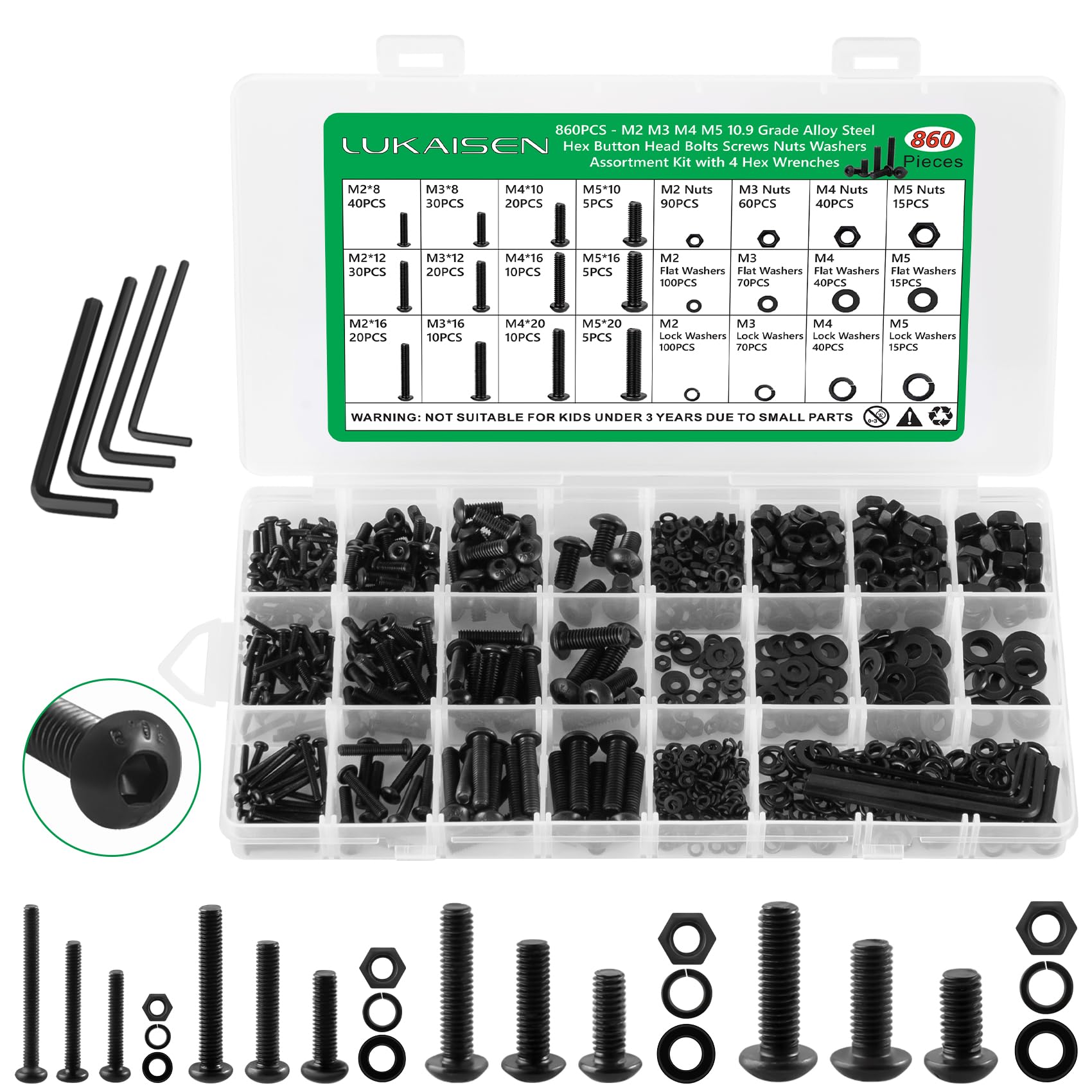 860Pcs Bolts and Nuts Set, M2 M3 M4 M5 Hexagon Socket Button Head Cap Screws, DIN 7991 Allen Screws, Black Hex Bolts and Washers Set 10.9 Grade Alloy Steel Fully Threaded With 4 Allen Keys
