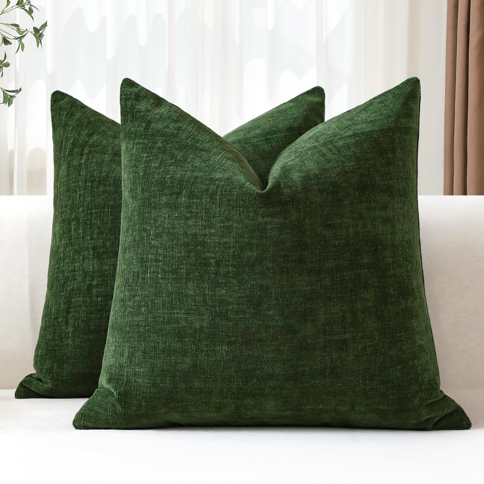 JOTOM Set of 2 Cushion Covers 60x60 cm Soft Chenille Green Decorative Throw Pillow Covers 24x24 Inch Square Cushion Case Solid Pillowcases for Couch Sofa Living Room Bed Home Decor (Green)
