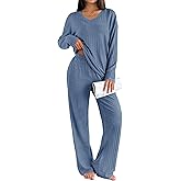 Ekouaer Lounge Sets for Women Long Sleeve Knit Ribbed Pajama Sets 2 Piece Casual Loungewear with Pockets