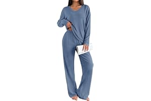 Ekouaer Lounge Sets for Women Long Sleeve Knit Ribbed Pajama Sets 2 Piece Casual Loungewear with Pockets