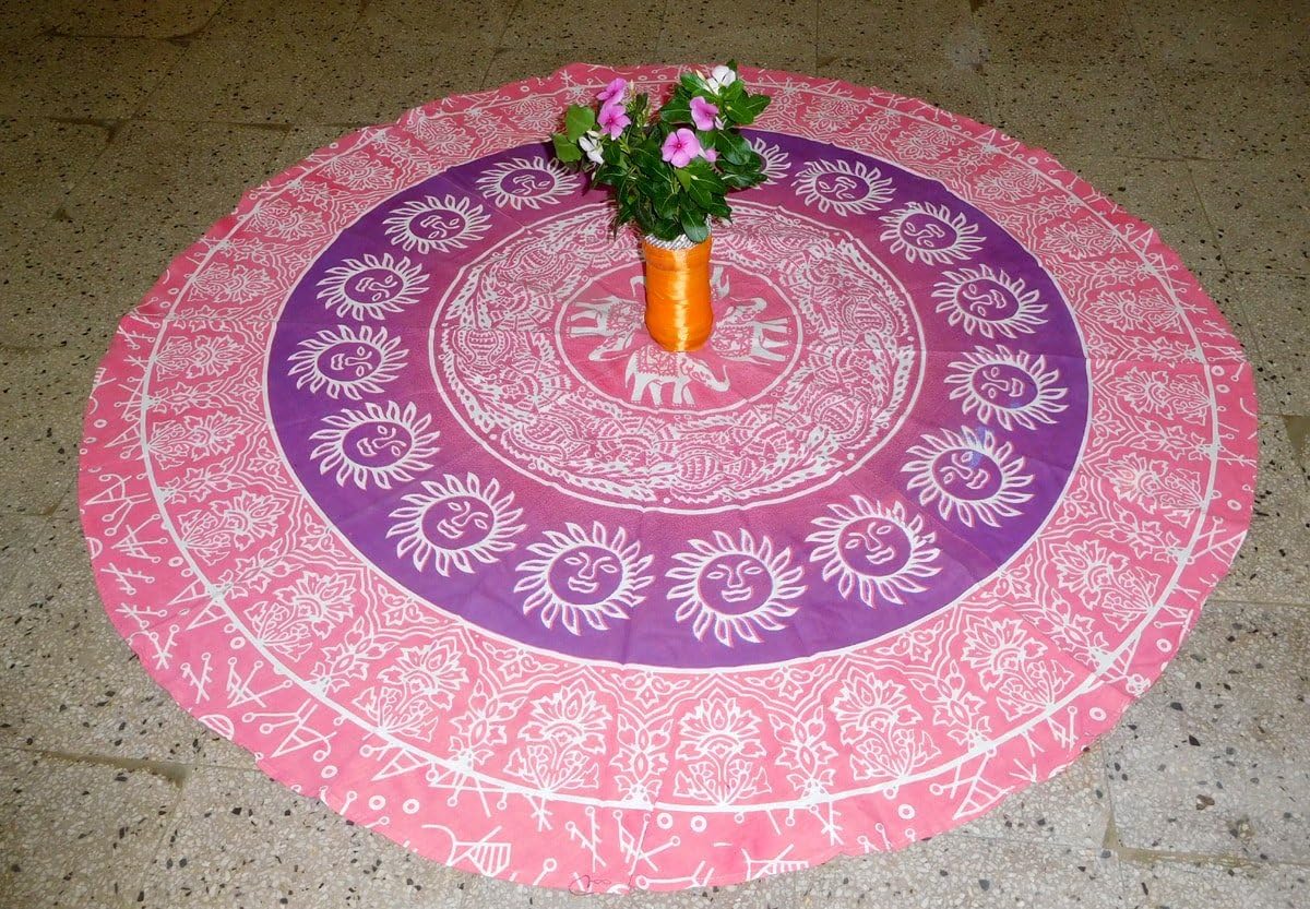 Gemsandcraft Yoga Mat Mandala Beach Towel Pink Sun Elephant Mandala Round Table Cover Beach Throw Tapestry Hippie Gypsy Tablecloth Round Yoga Mat, 50 Inch 100% Pure Cotton Screen Print Yoga Mat