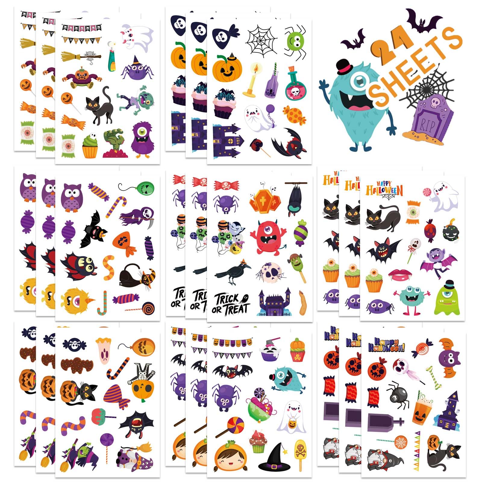 24 Sheets Halloween Stickers for Kids - Non-Repeating, Happy Halloween Cute Stickers for Goodie Bags & Party Favors