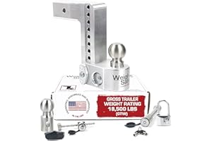 Weigh Safe Aluminum Adjustable Trailer Hitch - Towing Hitch with Built-In Tongue Weight Scale - Compatible with 2.5" Receivers - 8" Drop, Stainless Steel Tow Balls, 18,500 GTW, 4-Piece Lock Set