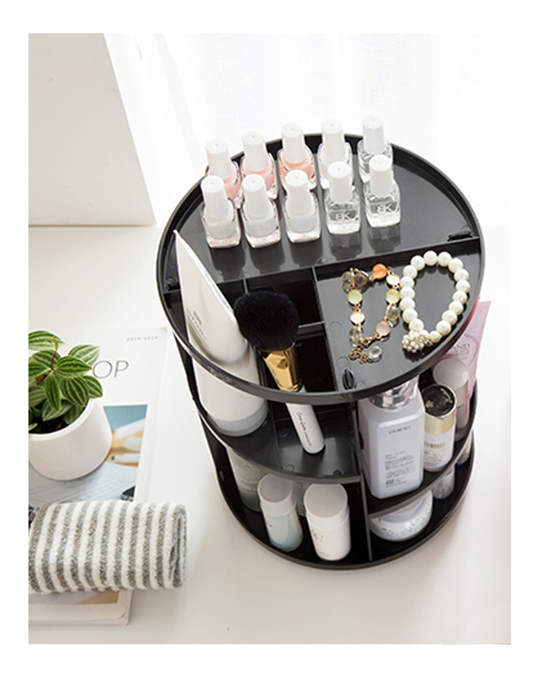 JJMG NEW 360° Rotation Table Top Make Up Organizer - Plastic Black Cosmetic Storage Case
