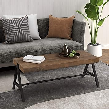 Amazon Com Mooseng Rustic Coffee Living Room Cocktail Desk Thickened Design Center Table With Metal Legs Durable Frame Easy Assembly Brown Kitchen Dining