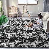 DweIke Fluffy Black White Shag Rugs for Bedroom Living Room, 3x5 Feet Soft Plush Tie-Dyed Cow Girls Boys Kids Rug, Non-Slip a